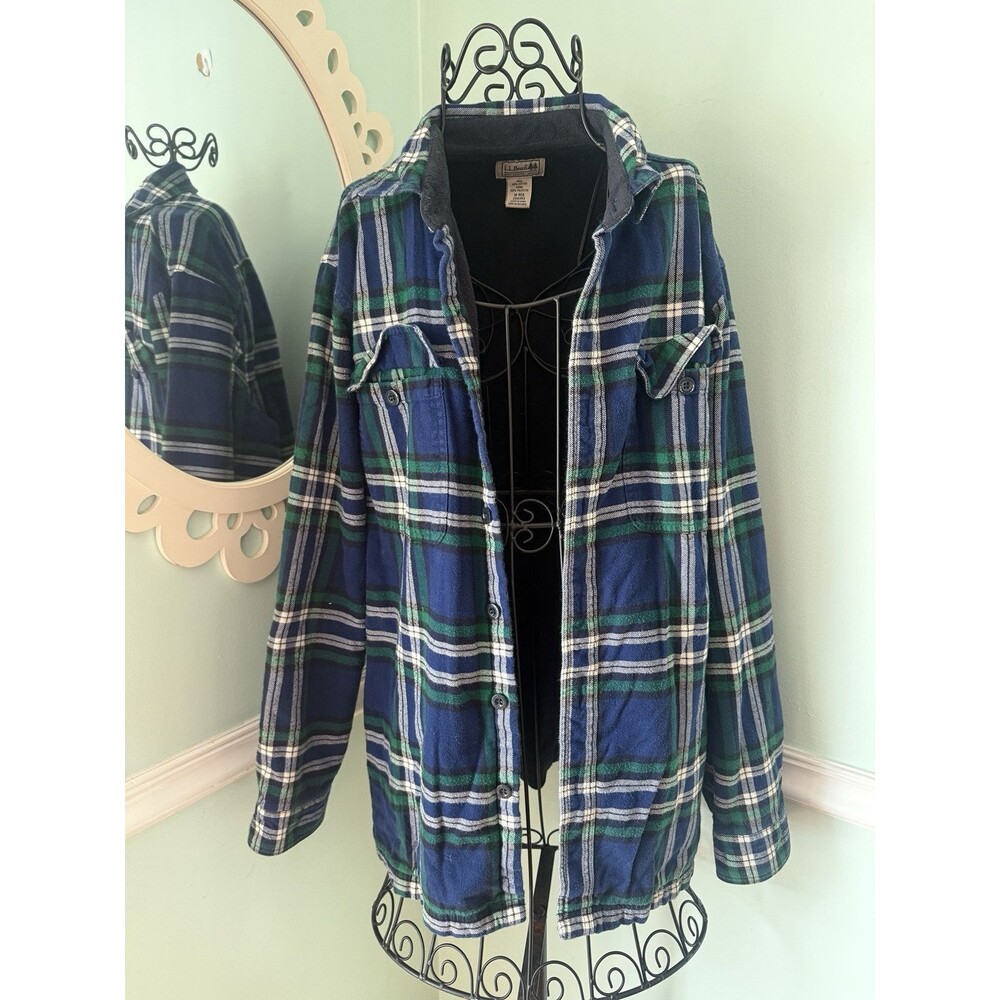 LL Bean Fleece Lined Plaid Flannel Shirt Shacket Mens Med Green Blue 250393